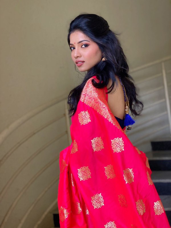 Red Golden Zari Weaving Banarasi Soft Silk by Icultuer