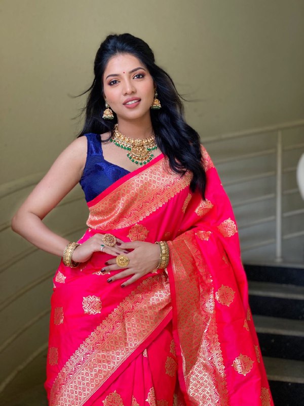 Red Golden Zari Weaving Banarasi Soft Silk by Icultuer