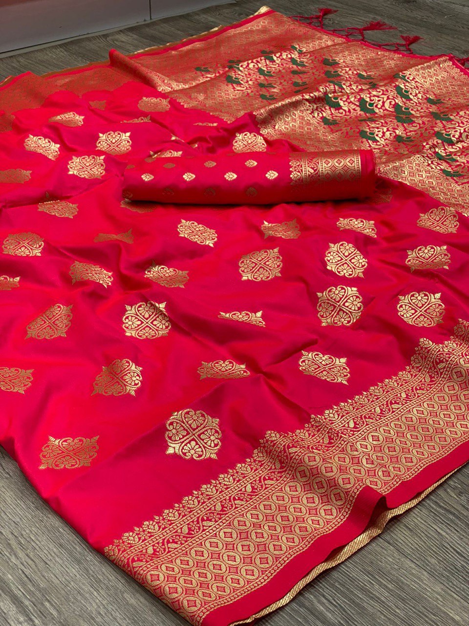 Red Golden Zari Weaving Banarasi Soft Silk by Icultuer