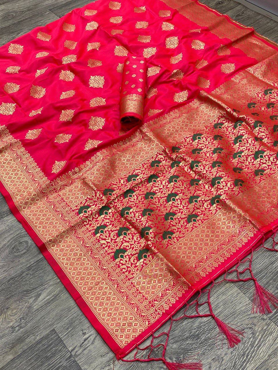 Red Golden Zari Weaving Banarasi Soft Silk by Icultuer