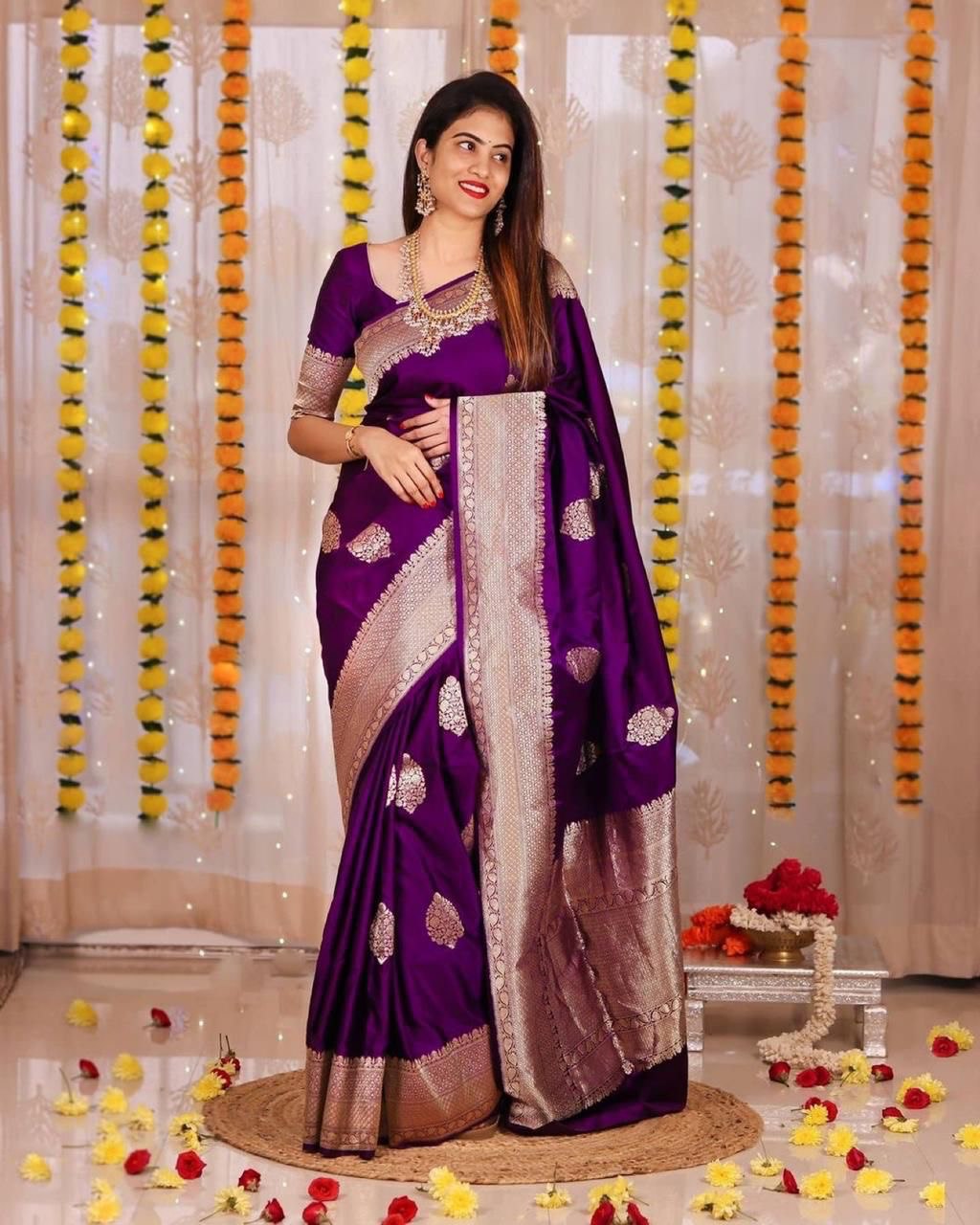 Blue Soft Lichi Silk Linen by Icultuer with Zari Woven Design
