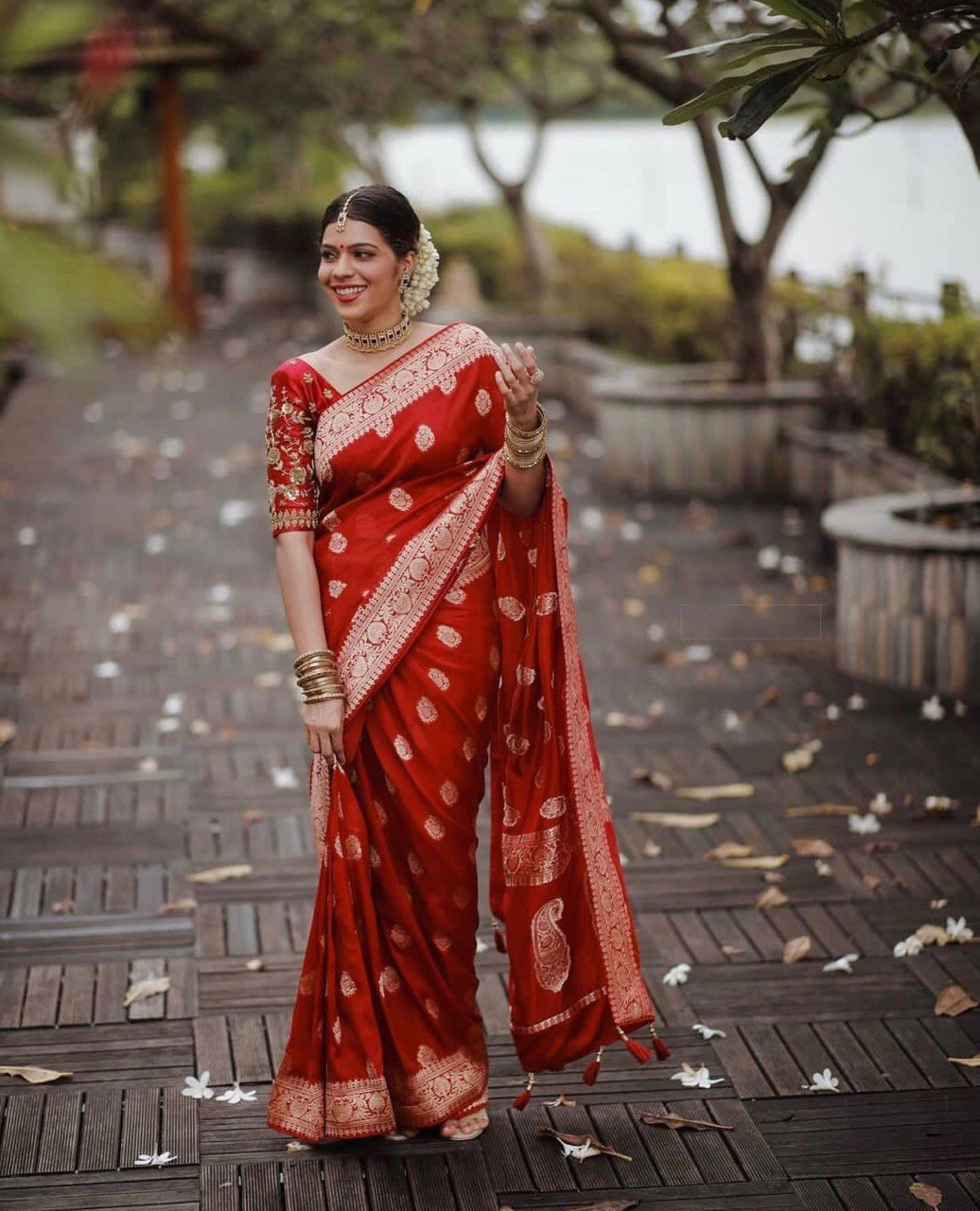 Red Zari Weaving Pure Soft Silk Fancy jacquard by Icultuer