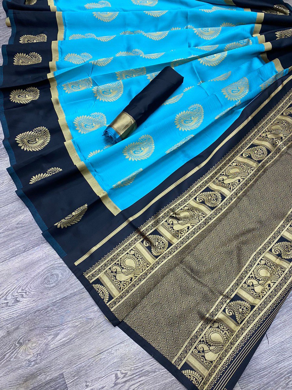 Black & Blue Zari Woven Banarasi Soft Silk by Icultuer