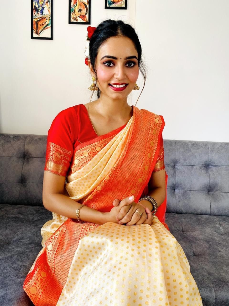 Cream & Red Traditional Soft Silk by Icultuer