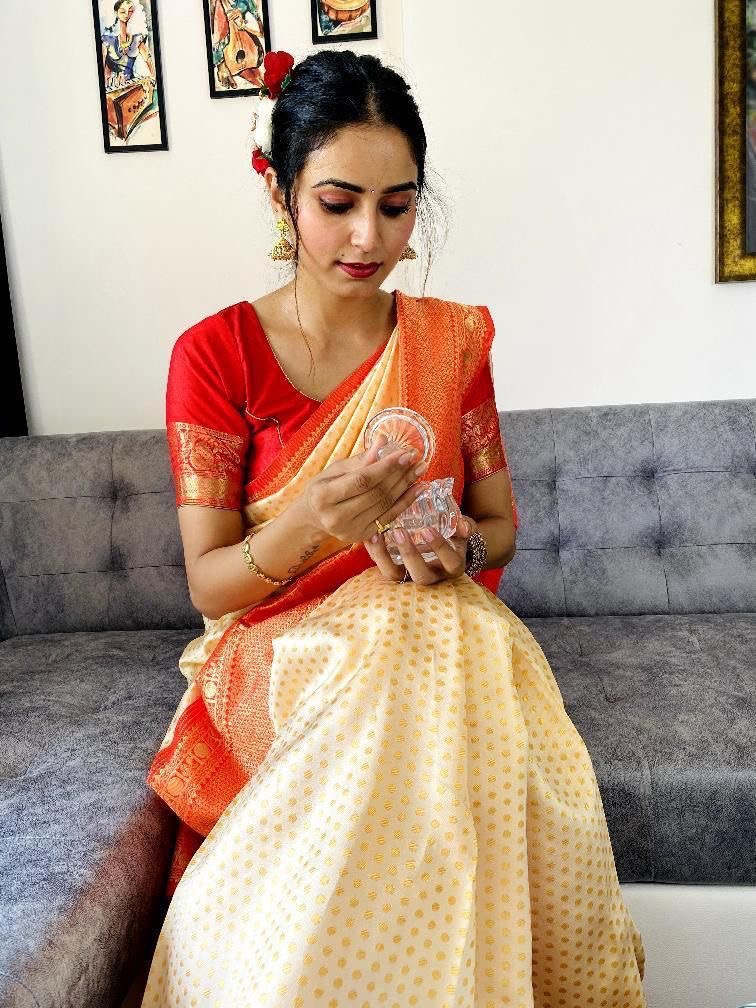 Cream & Red Traditional Soft Silk by Icultuer