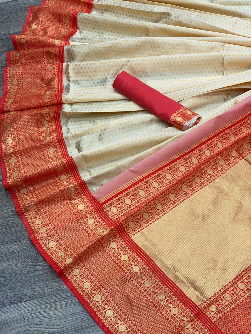 Cream & Red Traditional Soft Silk by Icultuer