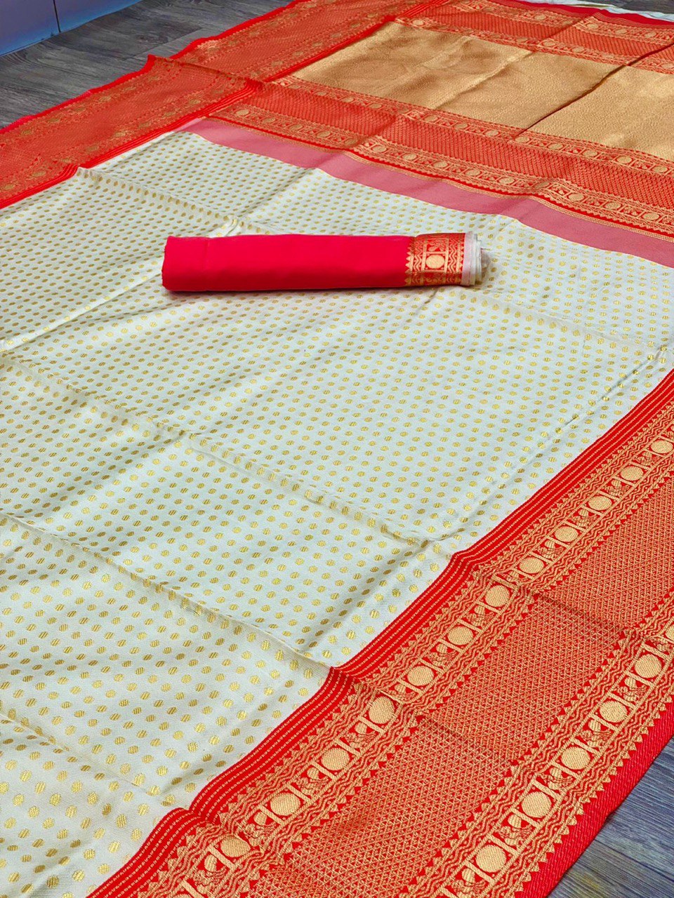 Cream & Red Traditional Soft Silk by Icultuer