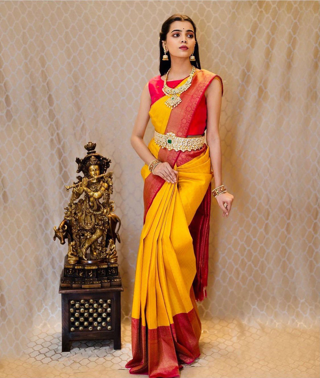 Yellow Banarasi Pure Soft Silk Woven Design by Icultuer