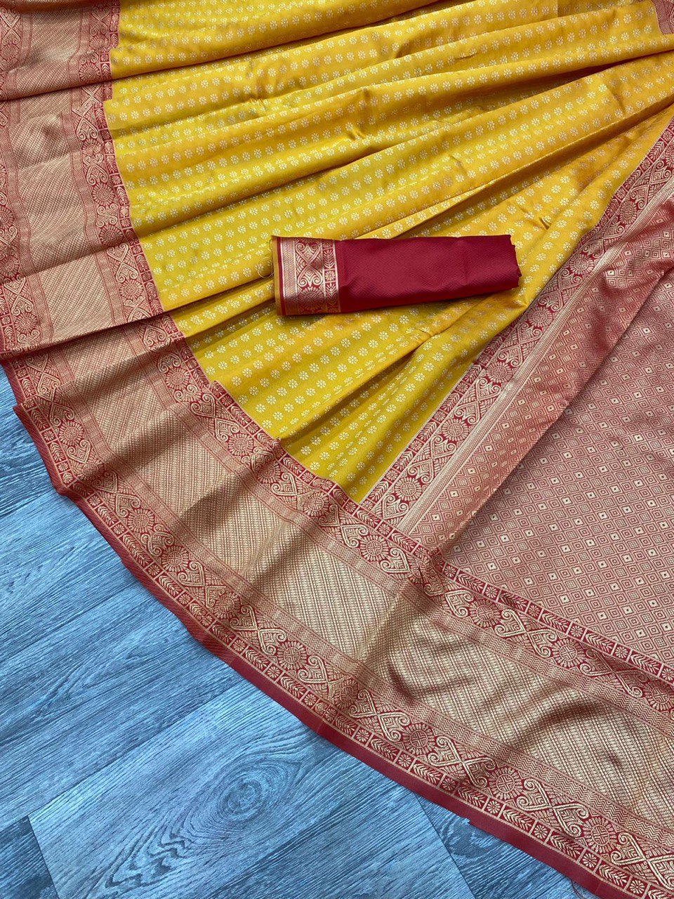 Yellow Banarasi Pure Soft Silk Woven Design by Icultuer