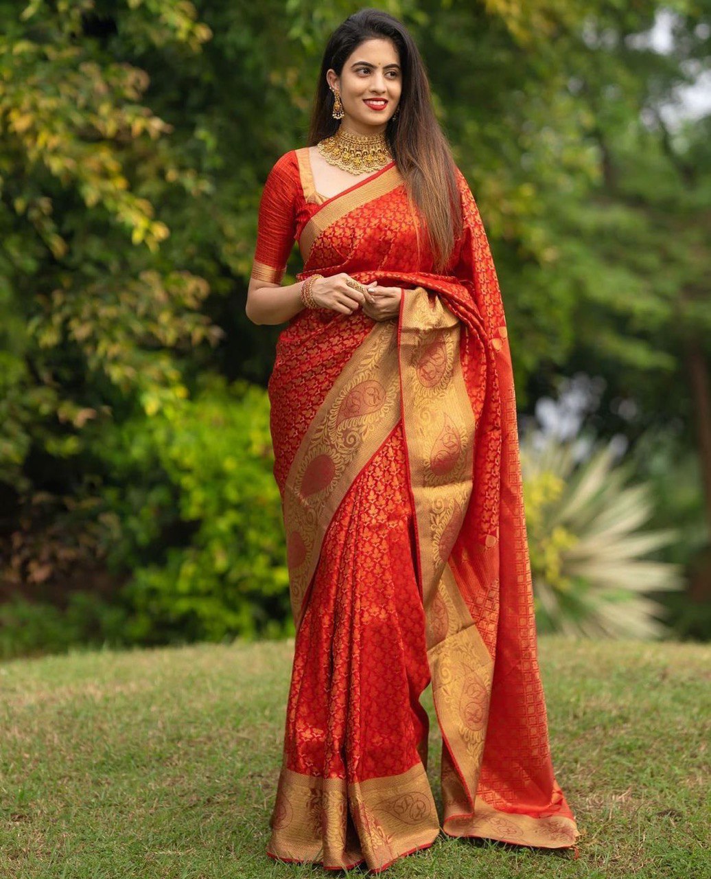 Red Jacquard Pattern Banarasi Soft Silk Cotton by Icultuer