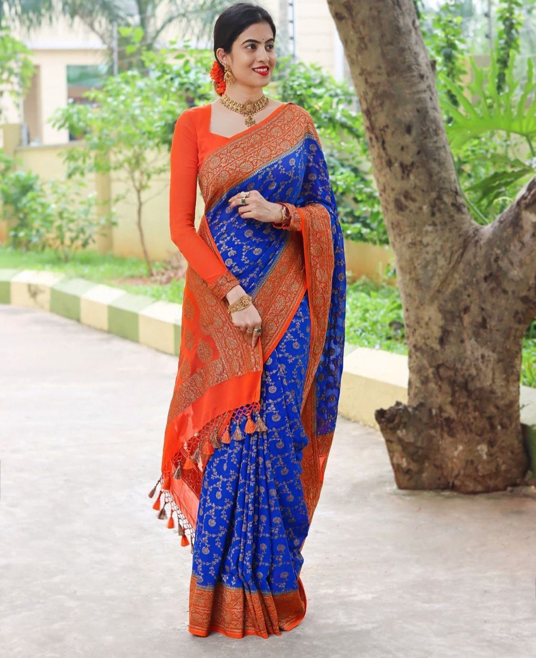 Royal Blue Woven Design Banarasi Cotton Silk by Icultuer