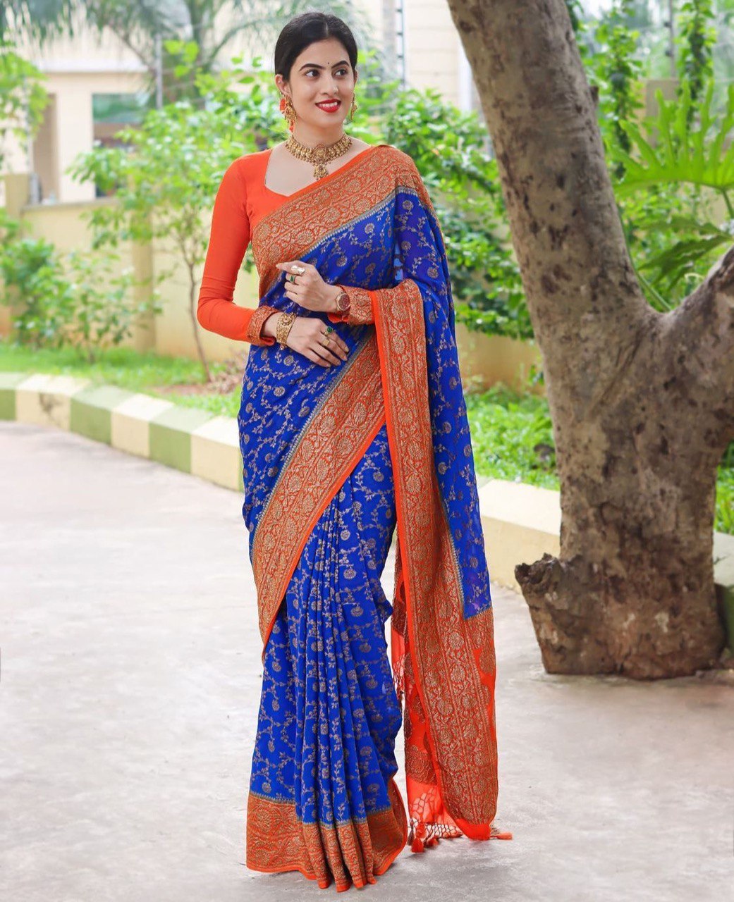 Royal Blue Woven Design Banarasi Cotton Silk by Icultuer