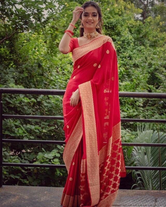 Red Kanjivaram Jacquard Silk by Icultuer with Blouse