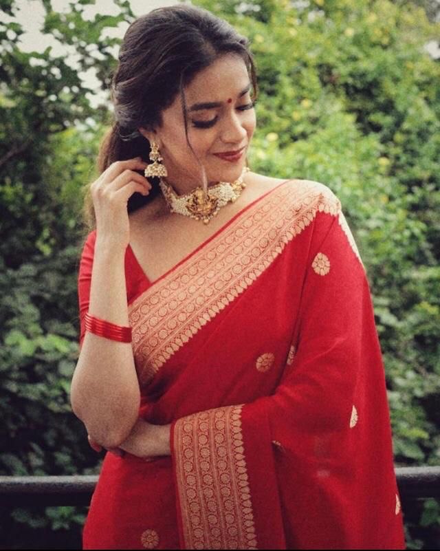 Red Kanjivaram Jacquard Silk by Icultuer with Blouse