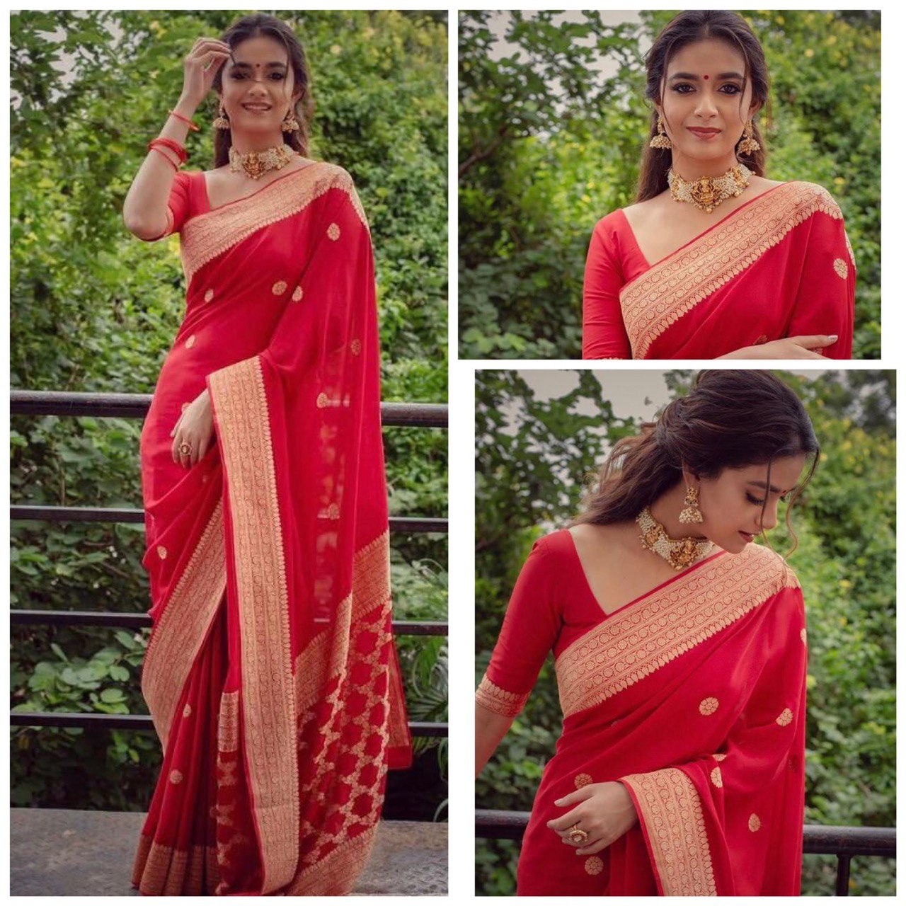 Red Kanjivaram Jacquard Silk by Icultuer with Blouse