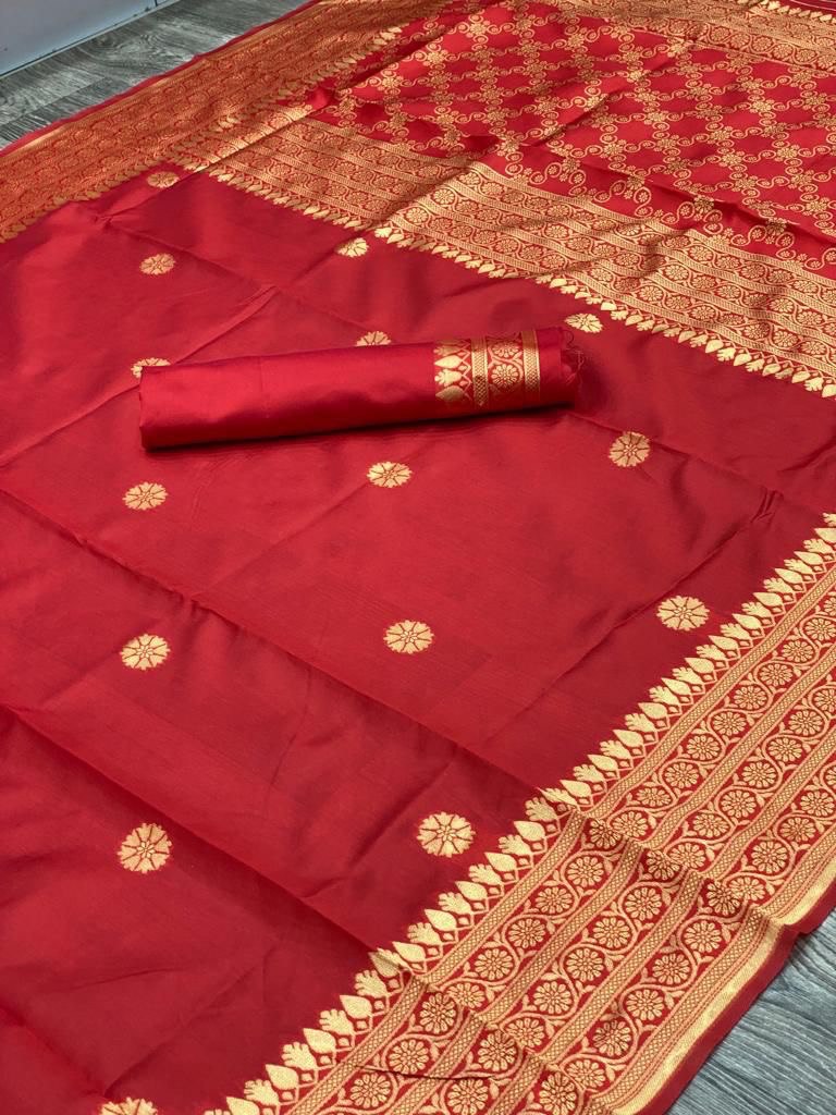 Red Kanjivaram Jacquard Silk by Icultuer with Blouse