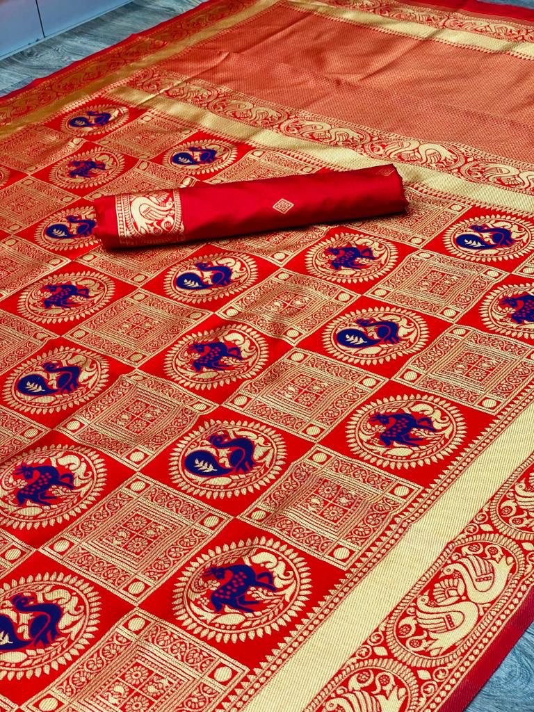 Red Designer Zari Woven Soft Silk Banarasi by Icultuer