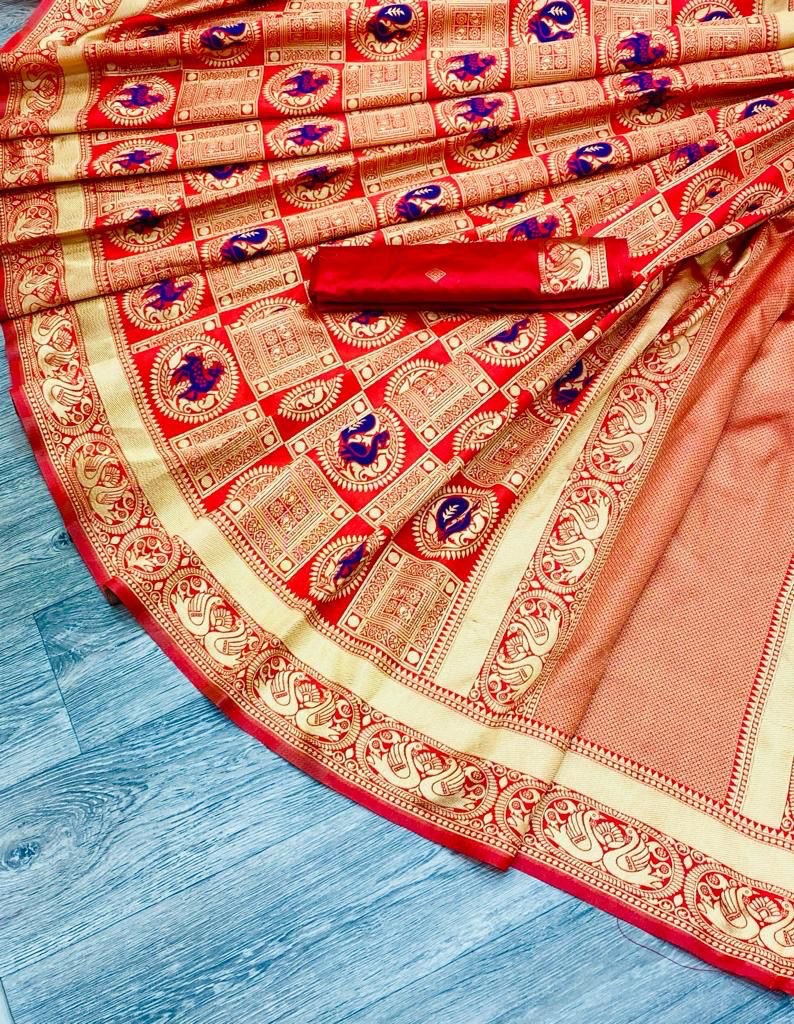 Red Designer Zari Woven Soft Silk Banarasi by Icultuer