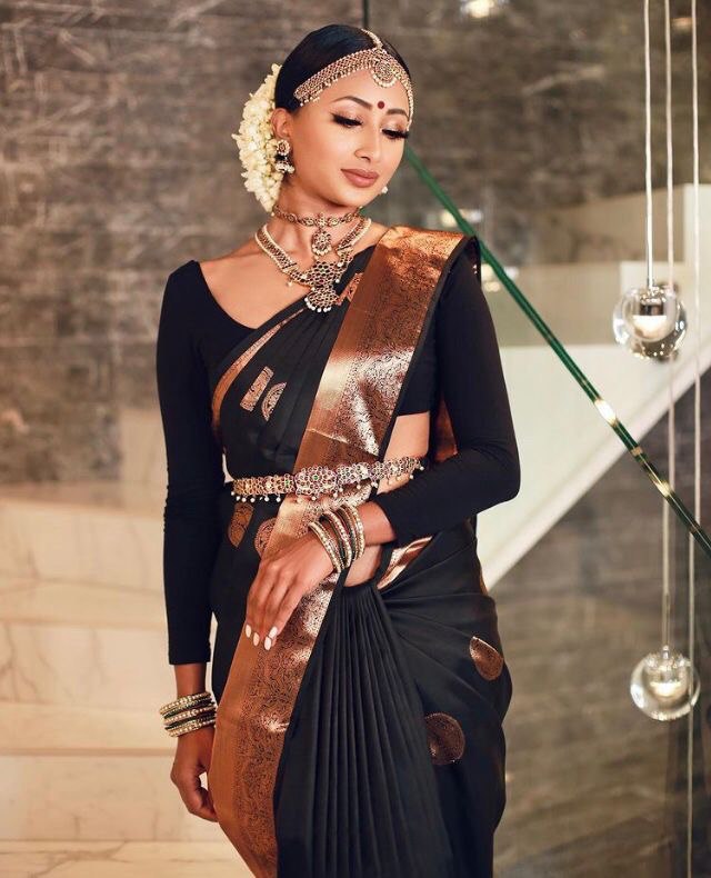 Black Handloom Weaving Banarasi Soft Silk Jacquard by Icultuer