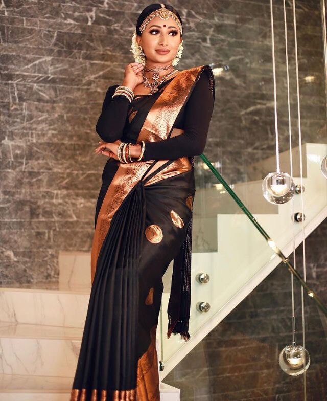 Black Handloom Weaving Banarasi Soft Silk Jacquard by Icultuer