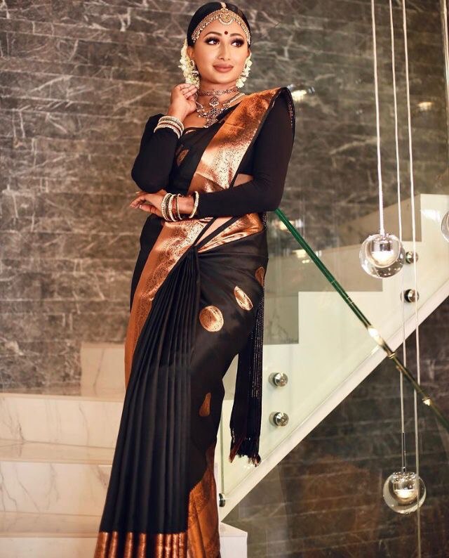 Black Handloom Weaving Banarasi Soft Silk Jacquard by Icultuer