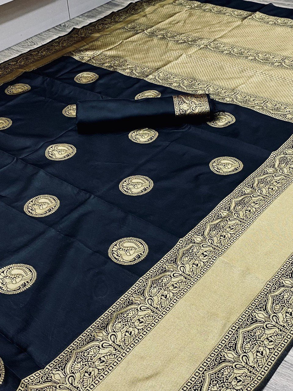 Black Handloom Weaving Banarasi Soft Silk Jacquard by Icultuer