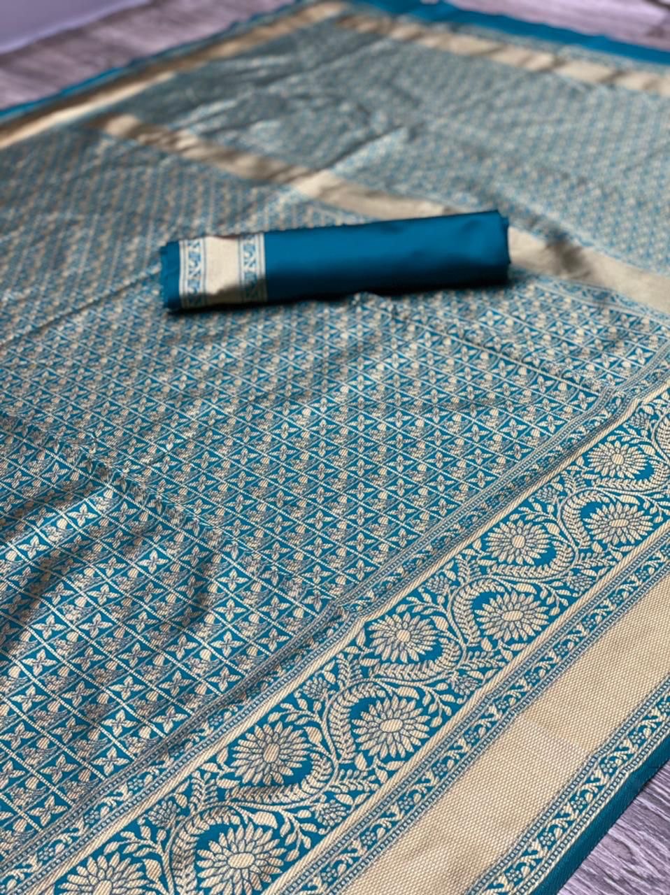 Lime Green And Blue Banarasi by Icultuer With Blouse .