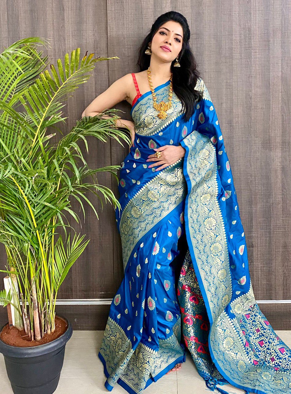 Blue Soft Silk jacquard by Icultuer with Zari Weaving Work