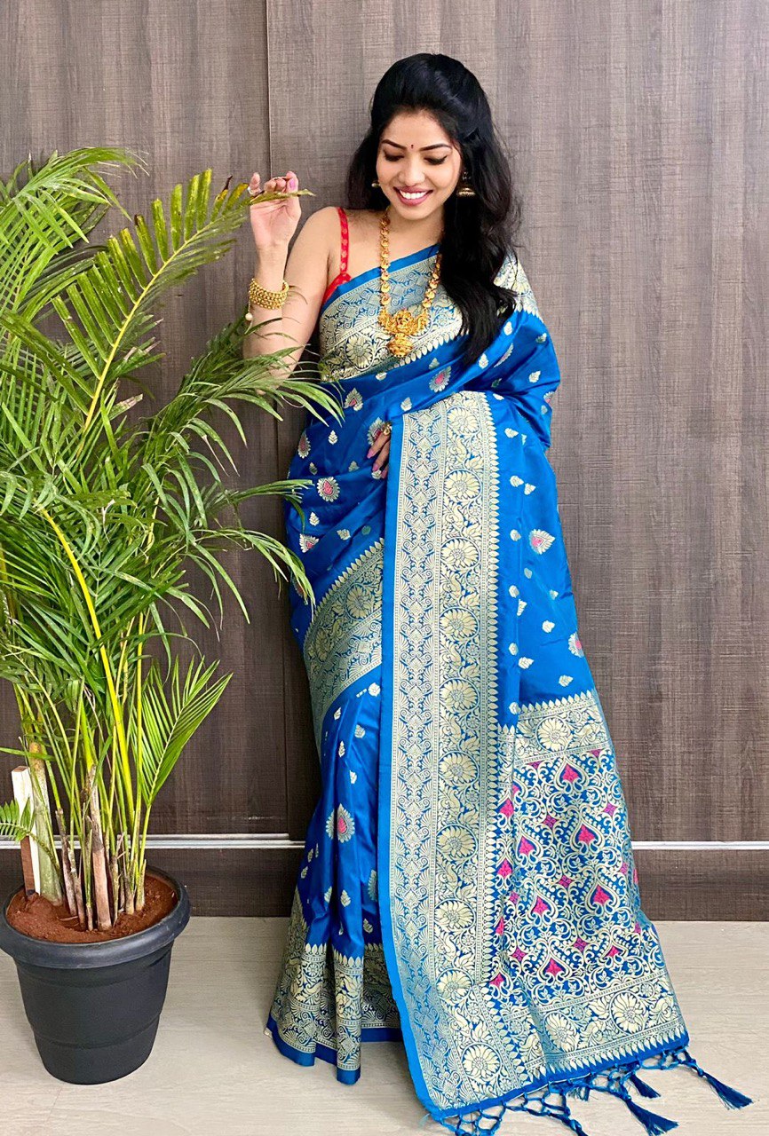 Blue Soft Silk jacquard by Icultuer with Zari Weaving Work