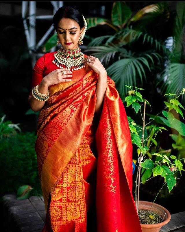 Red Peacock Design Soft Silk by Icultuer for Traditional Wear