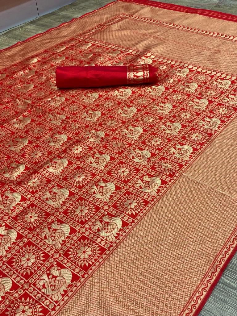 Red Peacock Design Soft Silk by Icultuer for Traditional Wear
