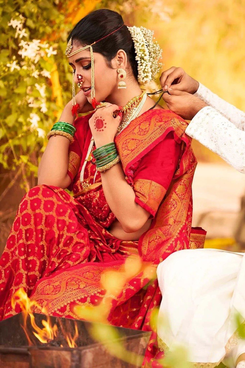 Red Zari Woven Banarasi Cotton Silk by Icultuer