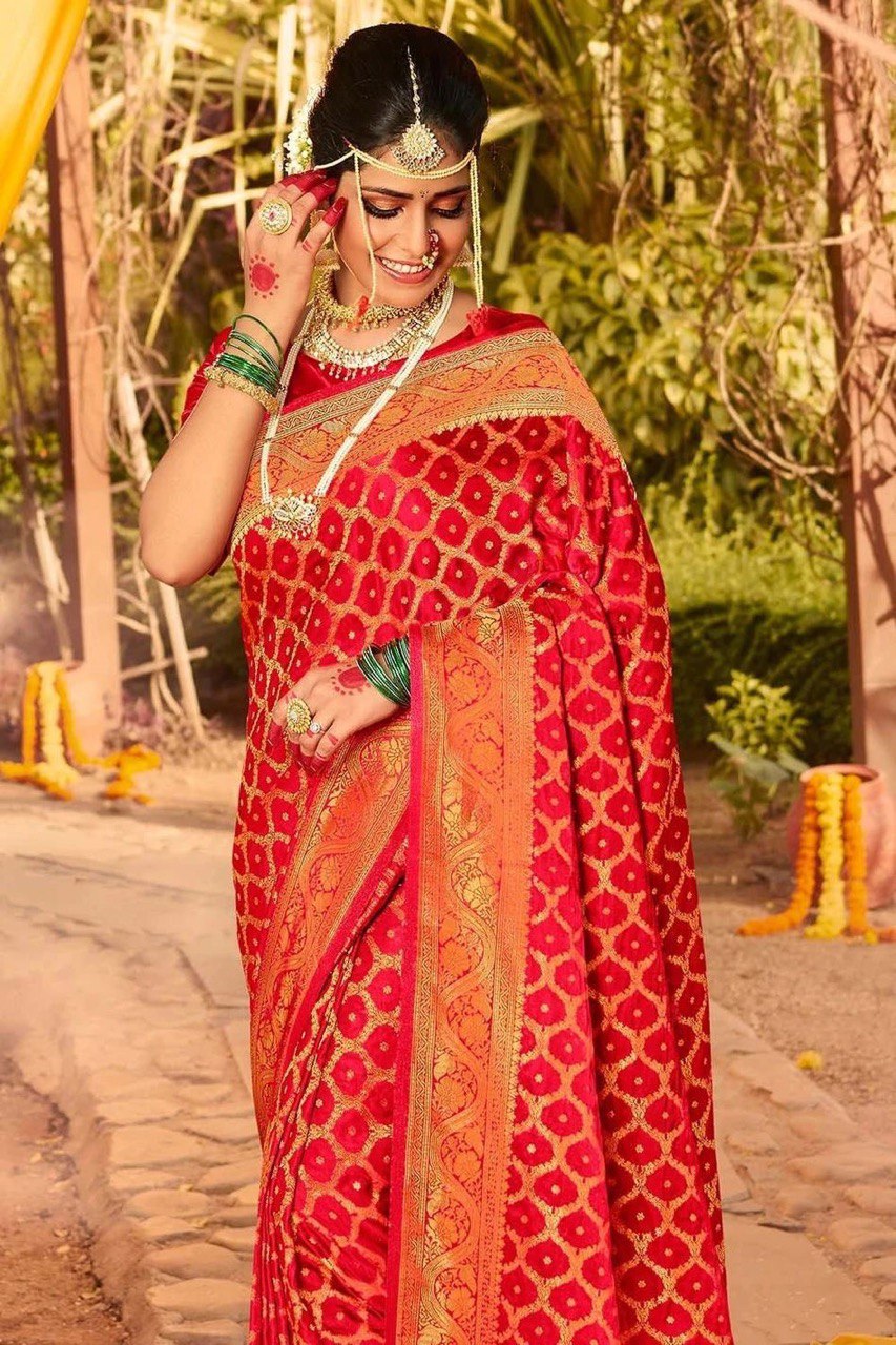Red Zari Woven Banarasi Cotton Silk by Icultuer