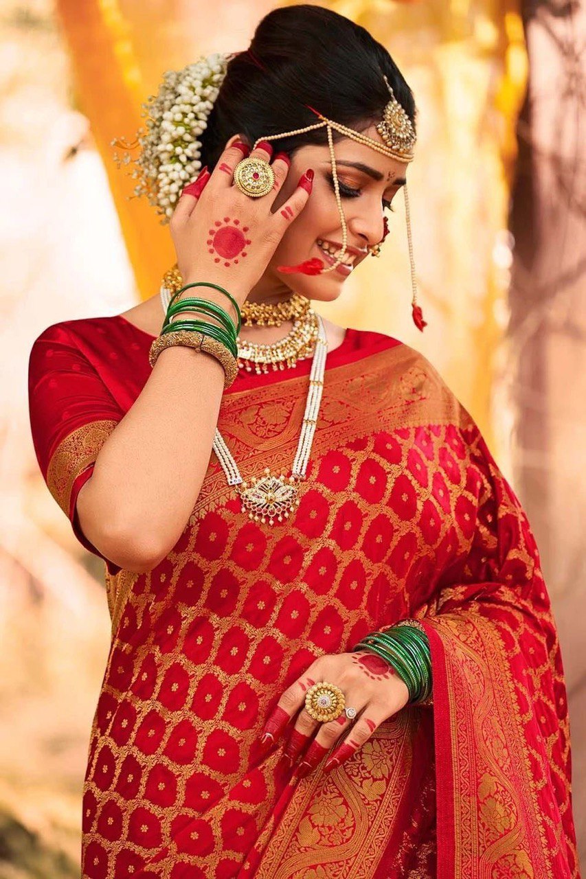 Red Zari Woven Banarasi Cotton Silk by Icultuer