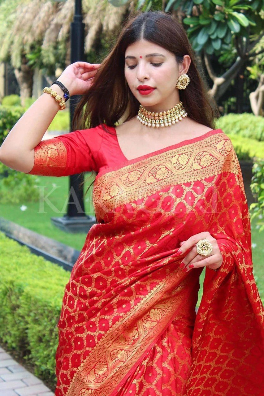 Red Zari Woven Banarasi Cotton Silk by Icultuer