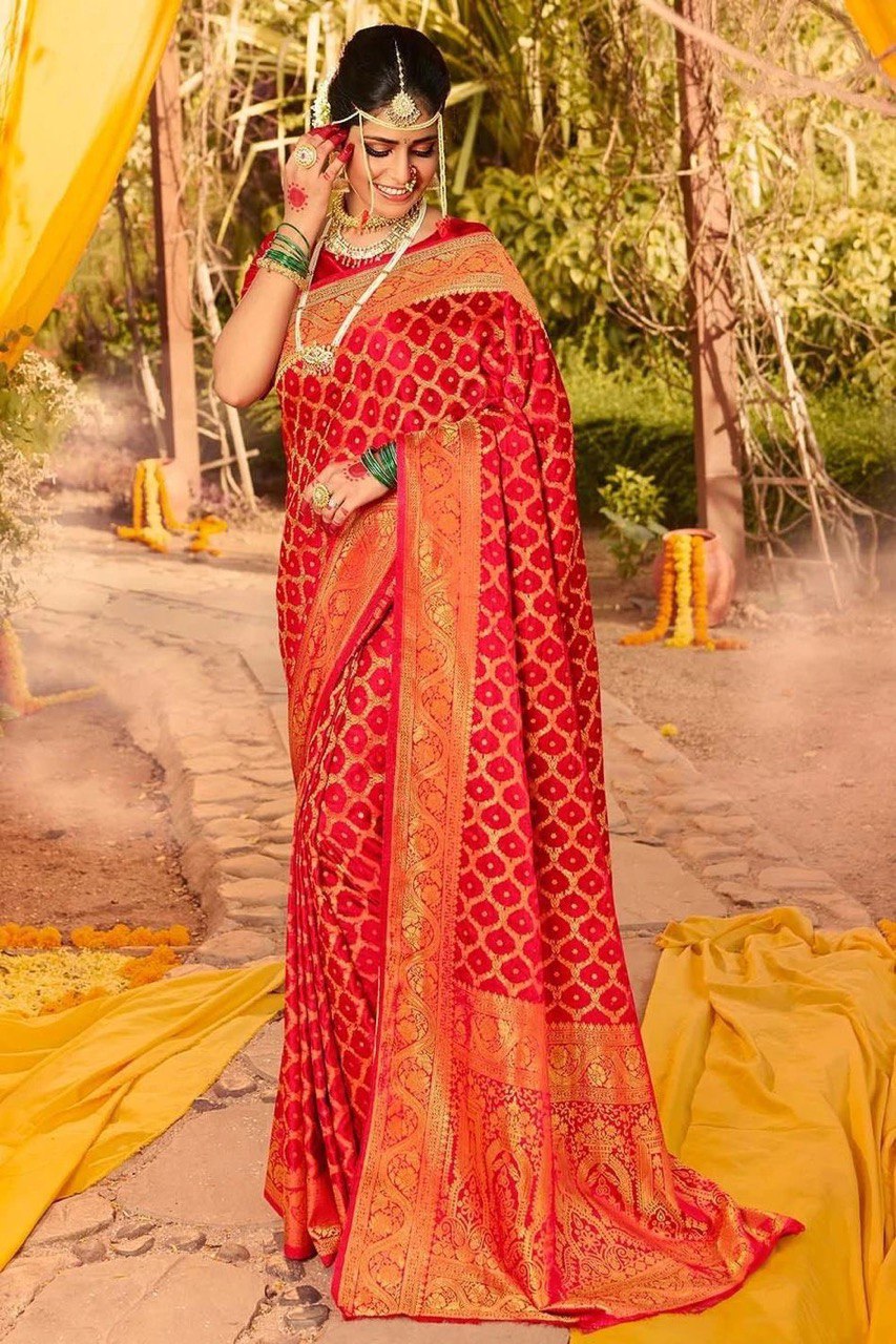 Red Zari Woven Banarasi Cotton Silk by Icultuer