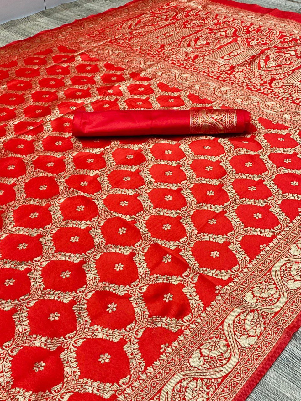Red Zari Woven Banarasi Cotton Silk by Icultuer