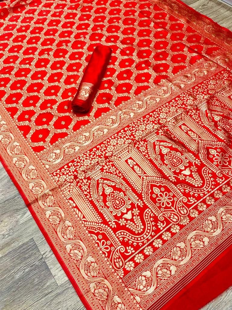 Red Zari Woven Banarasi Cotton Silk by Icultuer