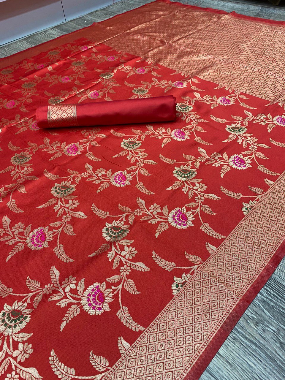 Red Organic Banarasi Soft Silk Jacquard by Icultuer