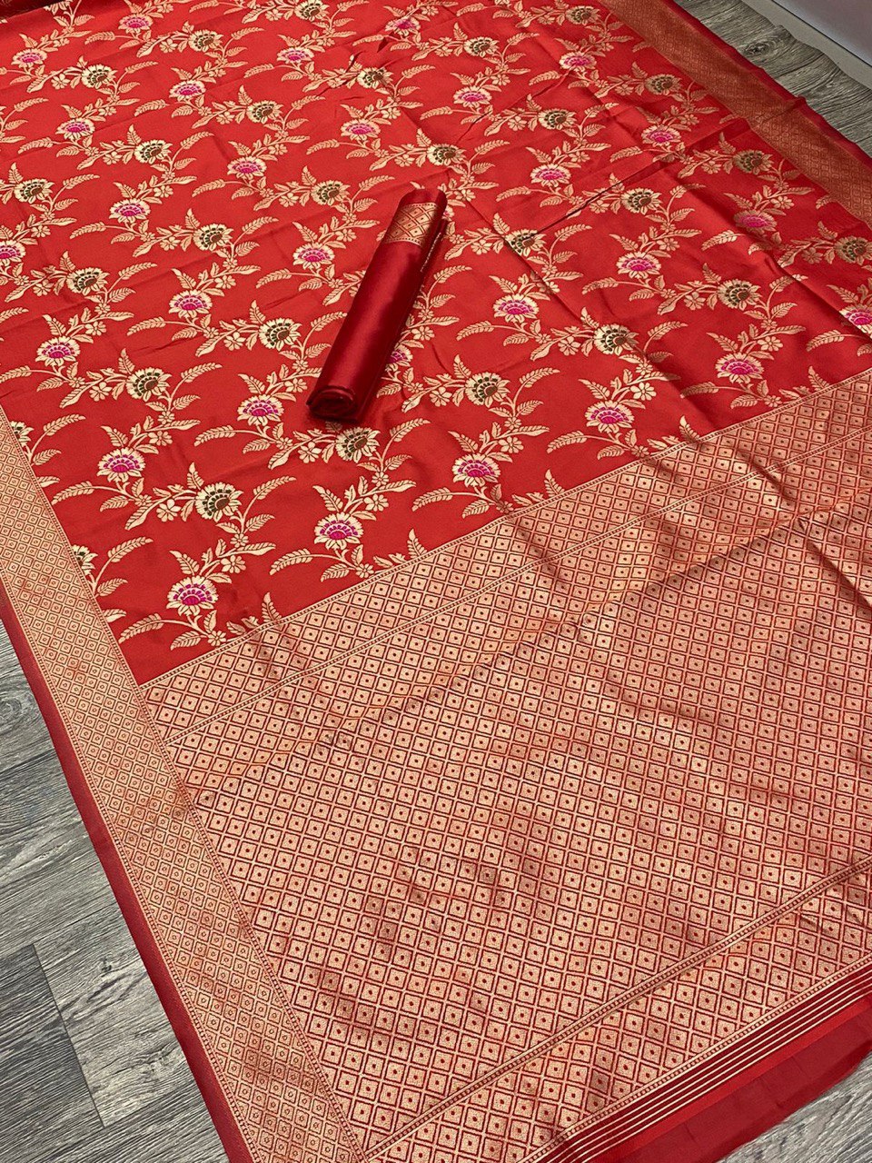 Red Organic Banarasi Soft Silk Jacquard by Icultuer
