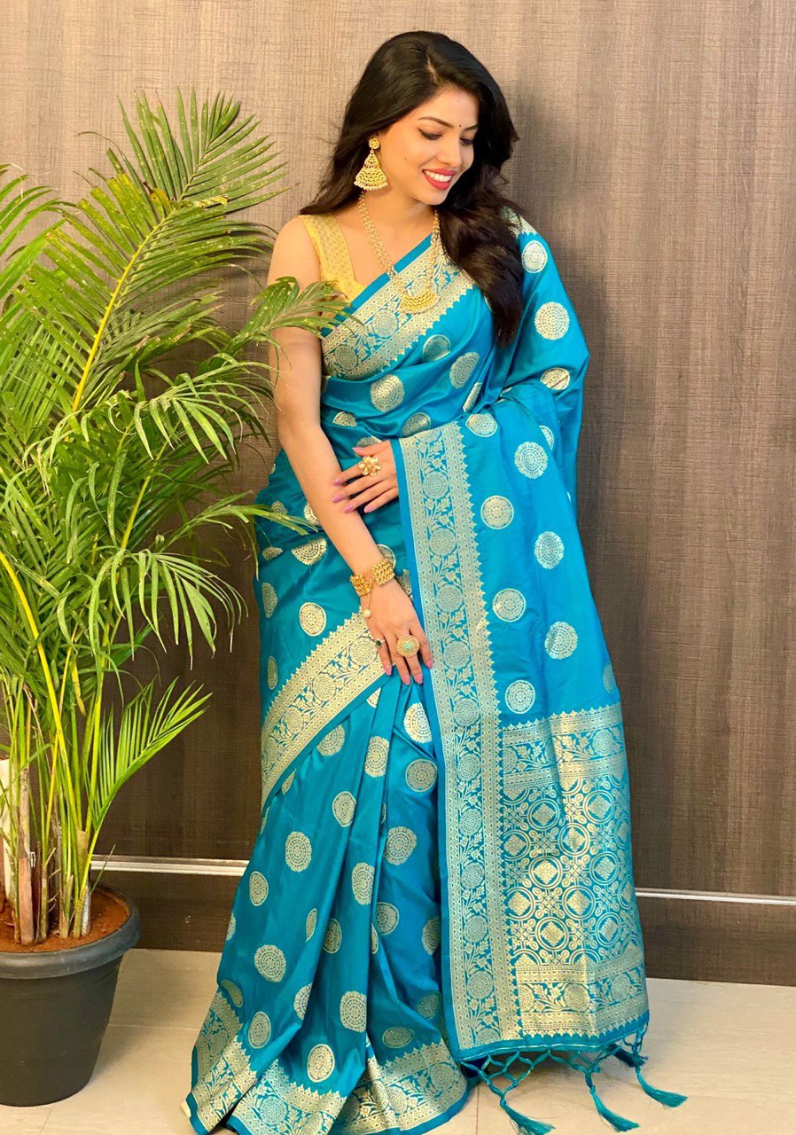 Blue Pure Banarasi Soft Silk by Icultuer with Beautiful Tassels