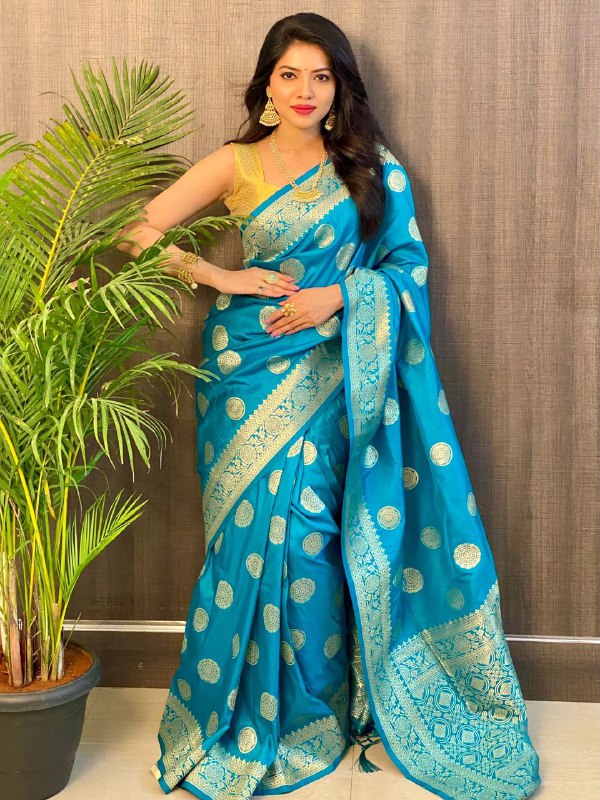 Blue Pure Banarasi Soft Silk by Icultuer with Beautiful Tassels