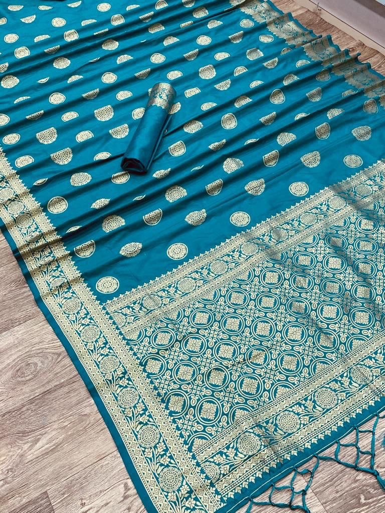Blue Pure Banarasi Soft Silk by Icultuer with Beautiful Tassels