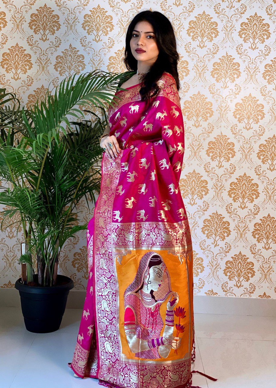 Pink Animal Printed Banarasi Art Silk by Icultuer