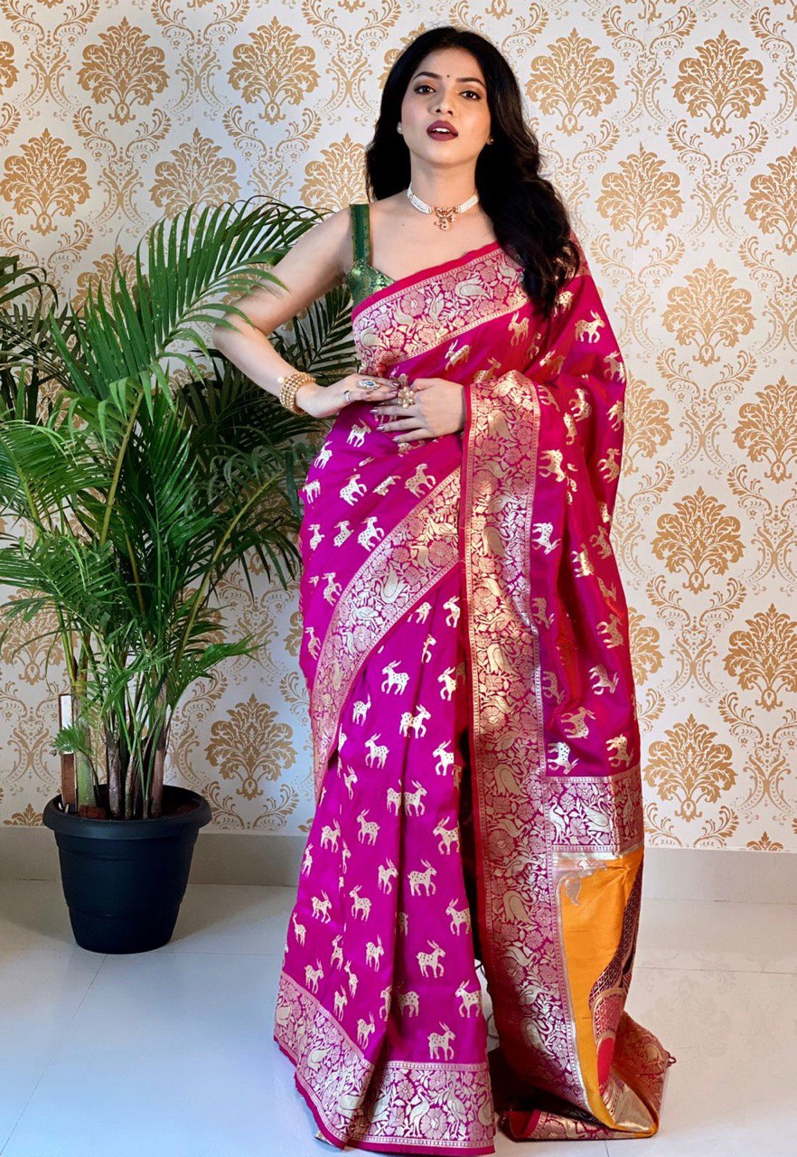 Pink Animal Printed Banarasi Art Silk by Icultuer