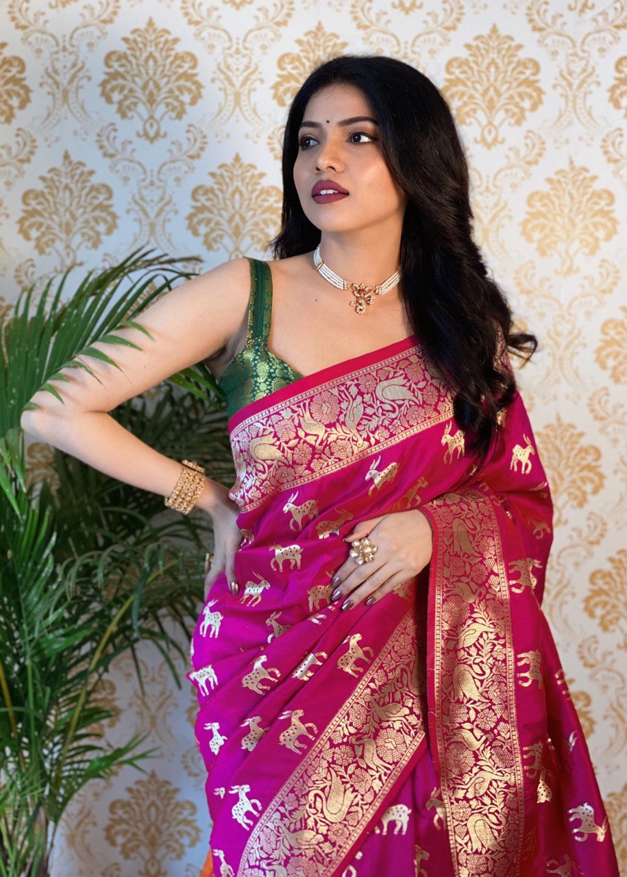 Pink Animal Printed Banarasi Art Silk by Icultuer