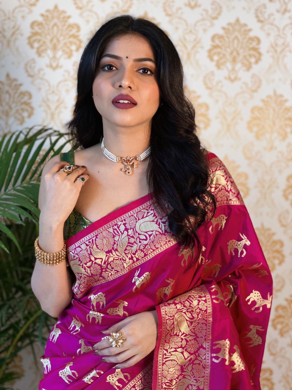 Pink Animal Printed Banarasi Art Silk by Icultuer