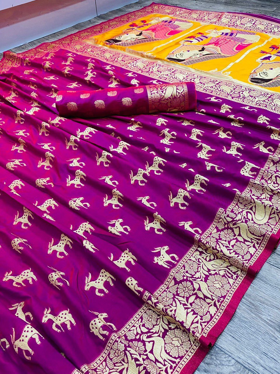 Pink Animal Printed Banarasi Art Silk by Icultuer