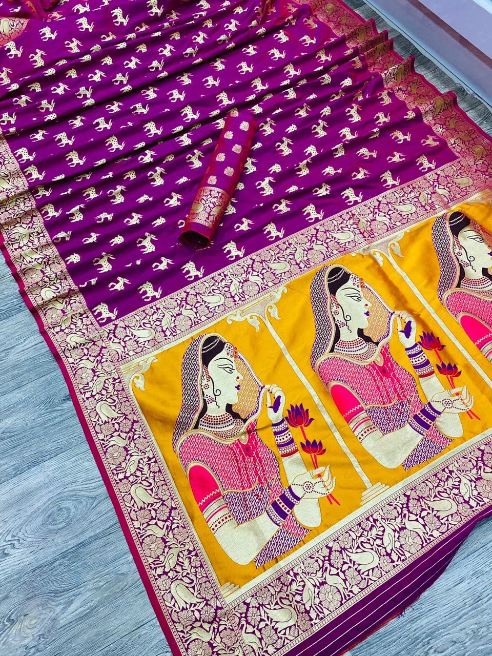 Pink Animal Printed Banarasi Art Silk by Icultuer