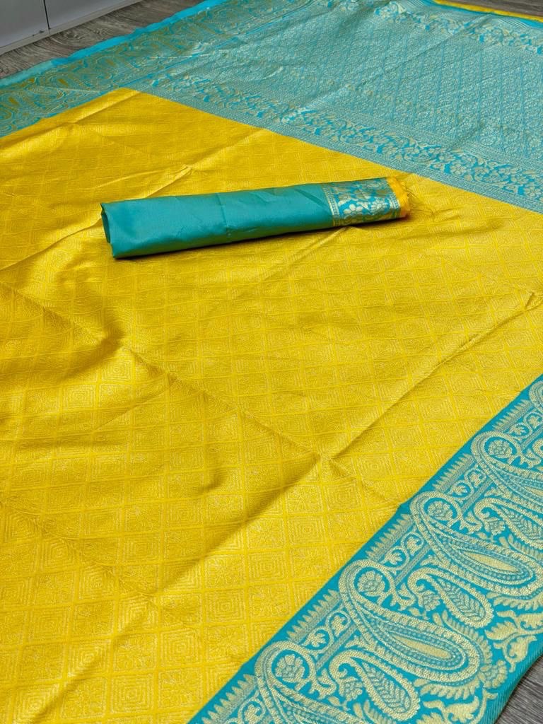 Yellow Banarasi Soft Silk Jacquard Wedding by Icultuer